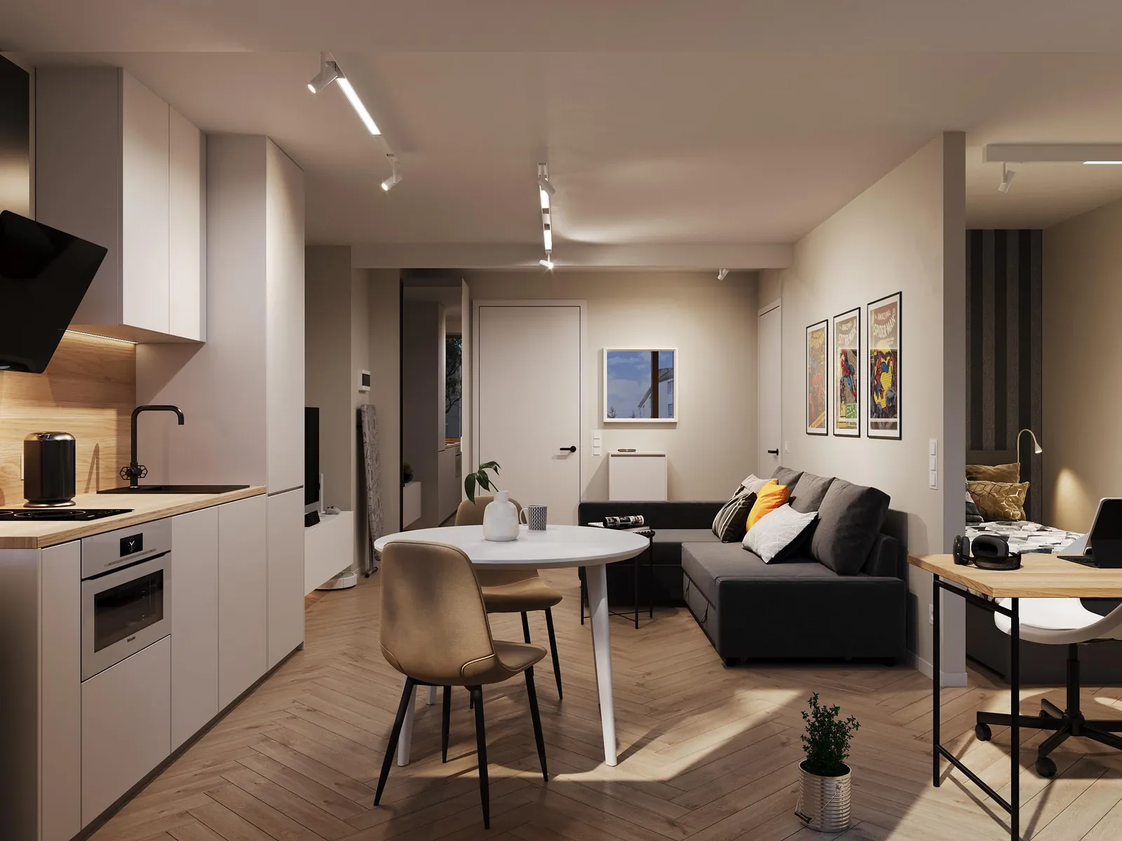 3D-Visualisierung eines Studentenapartments in Düsseldorf mit Küche, Esstisch, Sofa und Arbeitsplatz