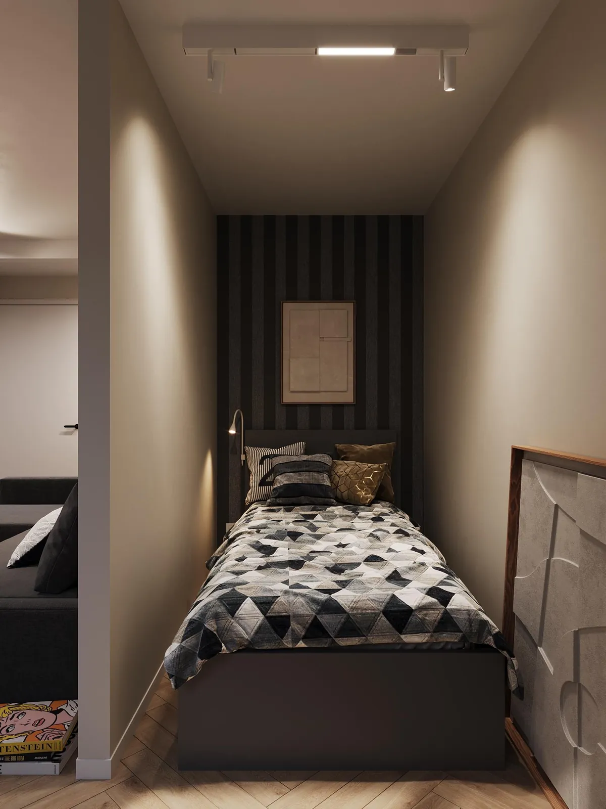 3D-Visualisierung Apartmenttyp 1: platzsparend angeordneter Schlafbereich mit Bett