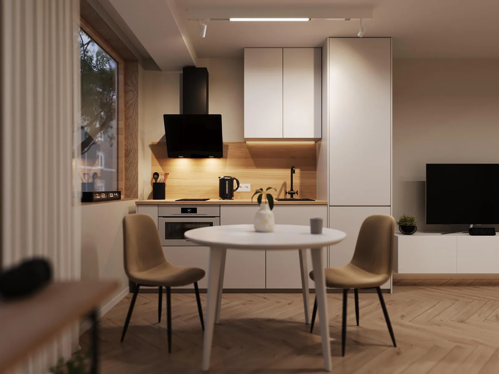 3D-Visualisierung Apartmenttyp 1: kompakte Küchenzeile mit rundem Esstisch am Fenster
