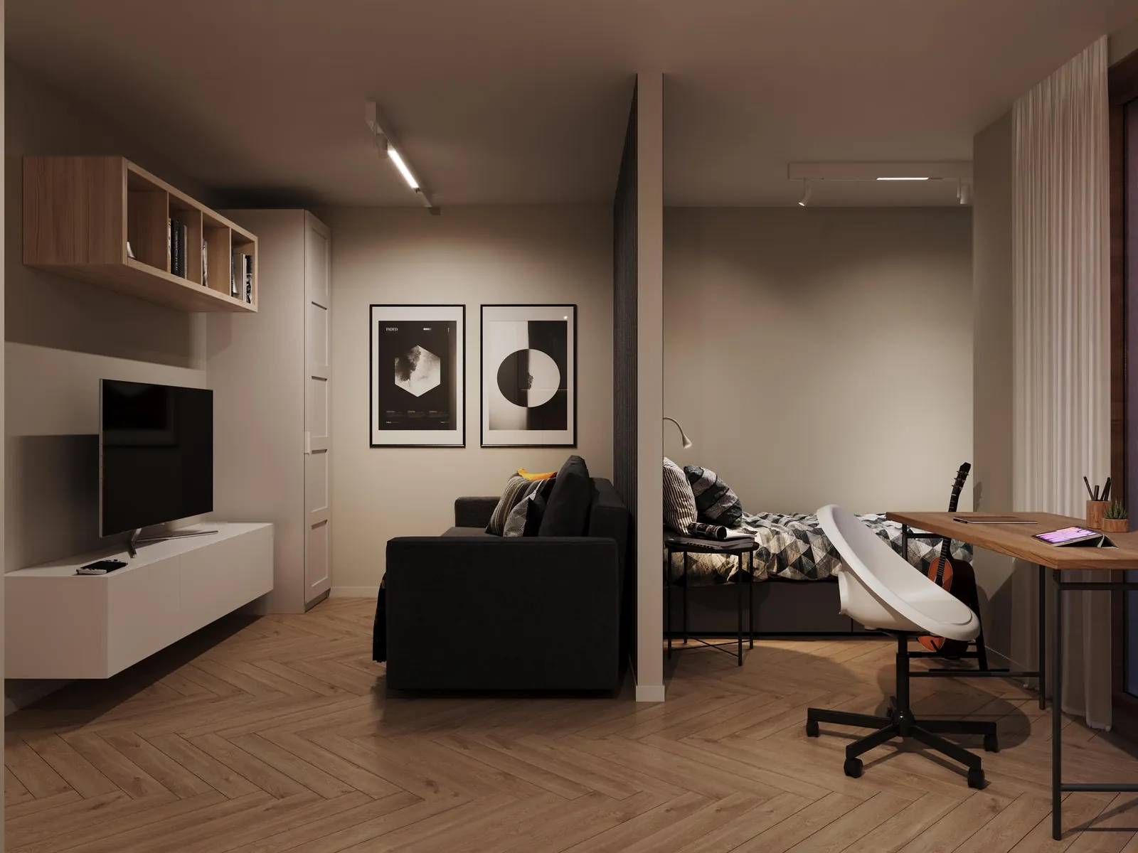 3D-Visualisierung Apartmenttyp 2: aufeinander abgestimmter Wohn-, Schlaf- und Arbeitsbereich