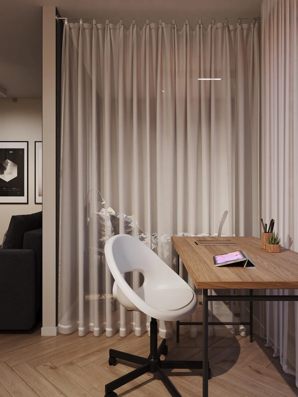 3D-Visualisierung Apartmenttyp 2: eigener Schreibtisch am Fenster