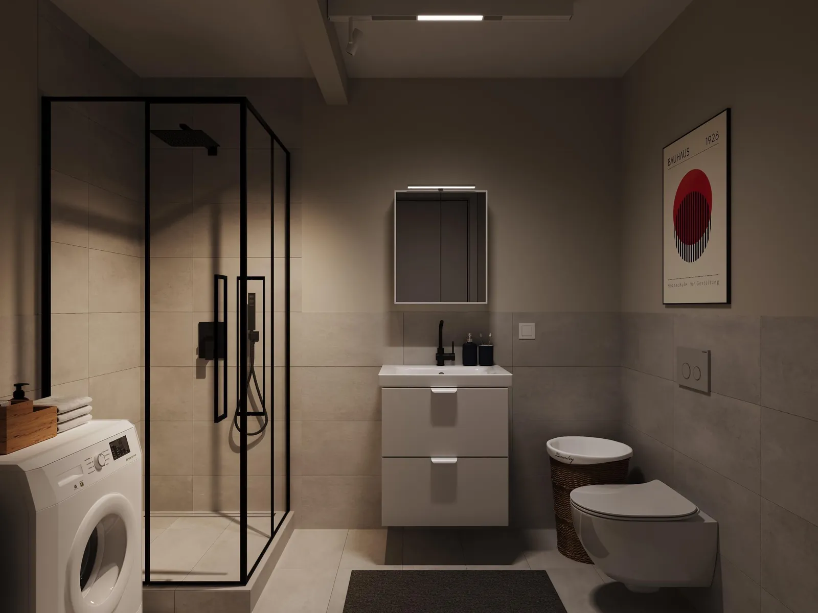 3D-Visualisierung Apartmenttyp 2: kompaktes Bad mit Dusche und Waschmaschine