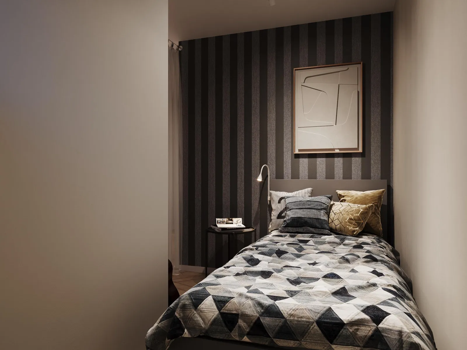 3D-Visualisierung Apartmenttyp 2: Schlafbereich mit strukturiertem Wandakzent