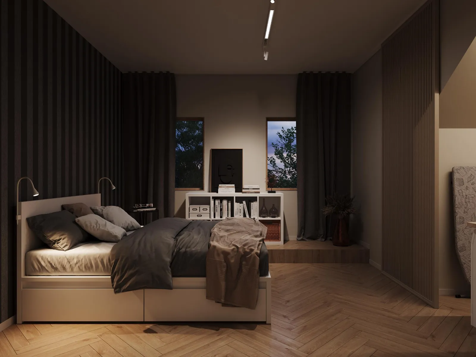 3D-Visualisierung Apartmenttyp 3: eigener Schlafbereich mit warmem Licht und Stauraum