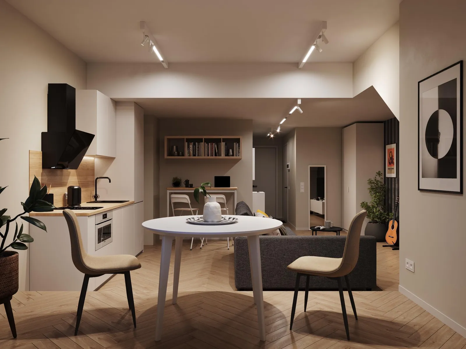 3D-Visualisierung Apartmenttyp 3: kompakte Küche mit Esstisch und verbundenem Wohnbereich