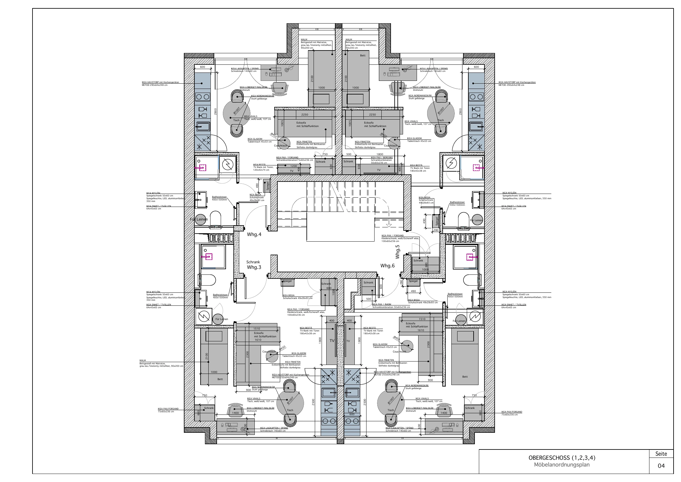 Möbelanordnungsplan des Obergeschosses mit Küchen, Betten, Schreibtischen und Stauraum