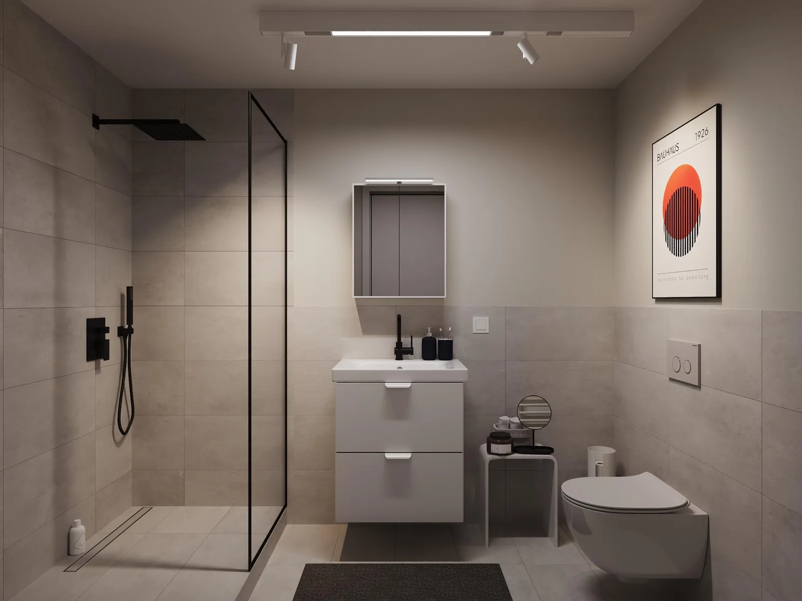 3D-Visualisierung Apartmenttyp 3: Bad mit bodennaher Dusche und Waschtisch