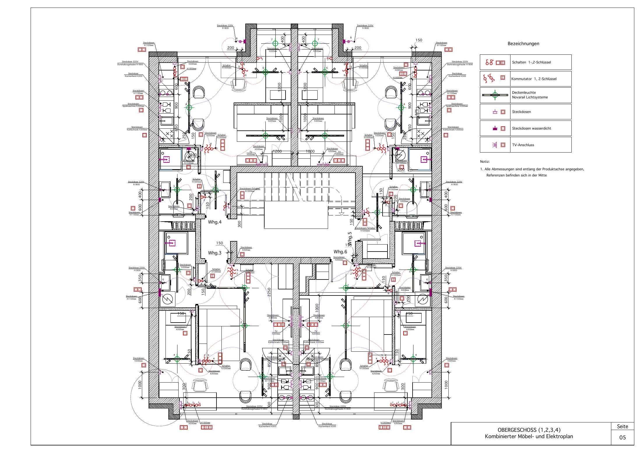 Kombinierter Möbel- und Elektroplan des Obergeschosses mit Positionen von Steckdosen und Schaltern