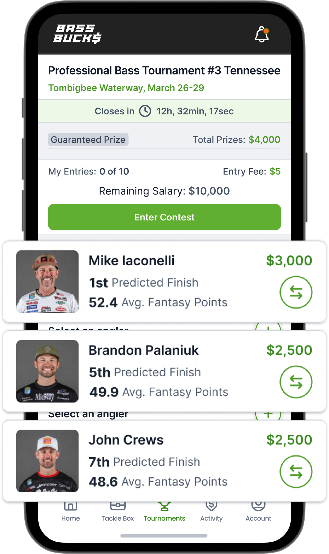 A screenshot of a daily fantasy fishing app displaying a create lineup workflow