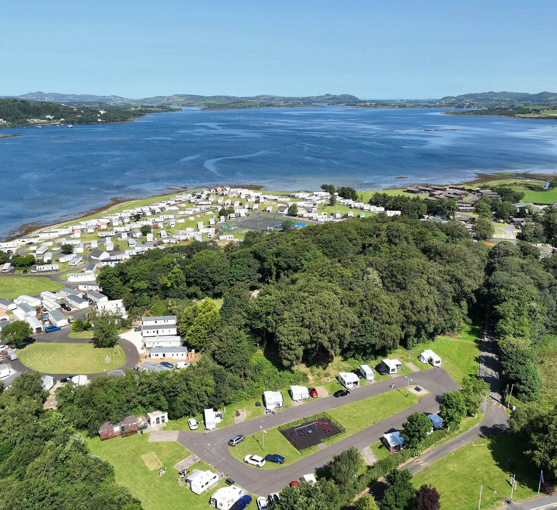 Aerial view of camping and touring pitches beside Mulroy Bay