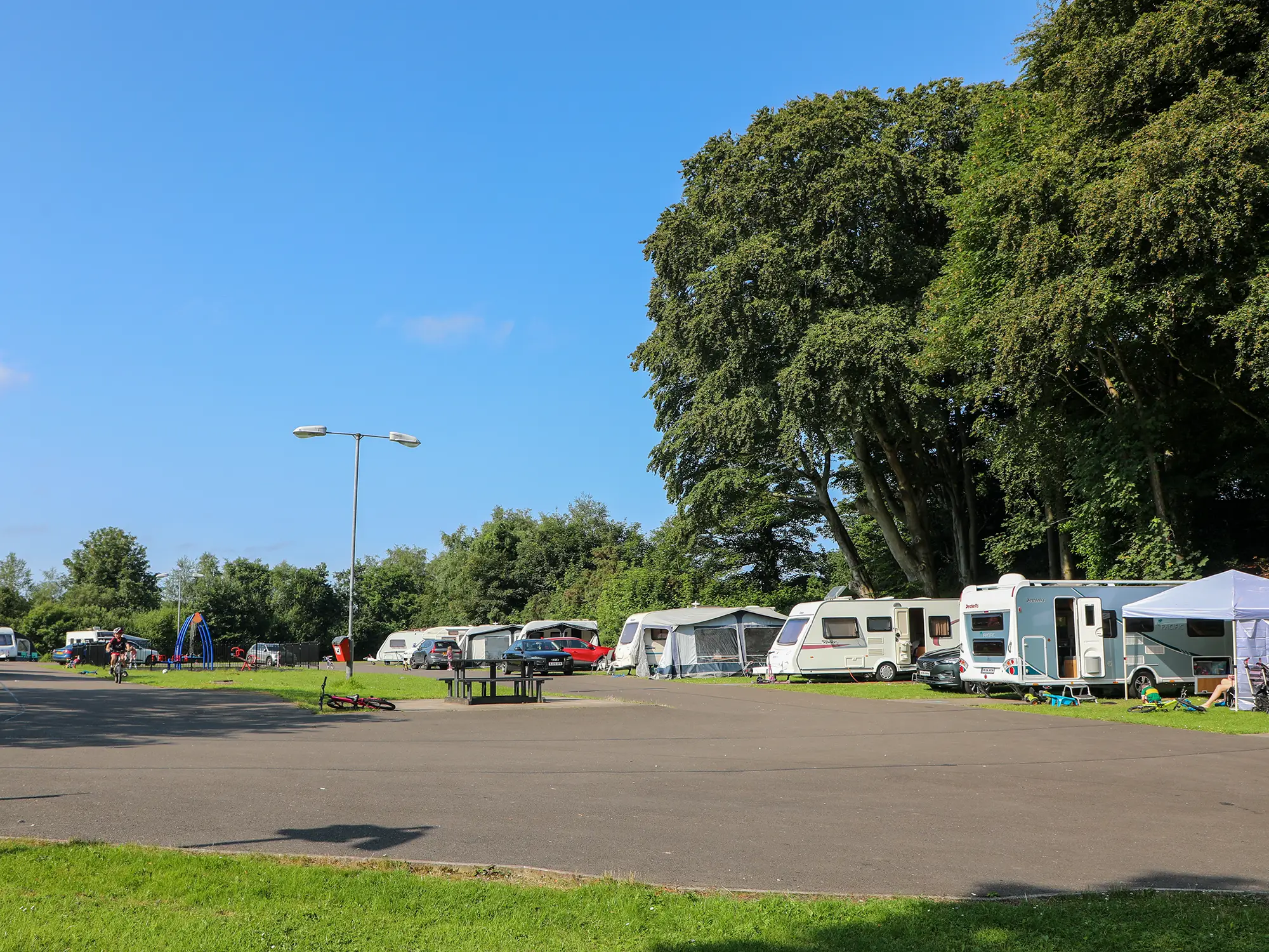 Wide aerial view of camping and touring pitches at Mulroy Bay Resort