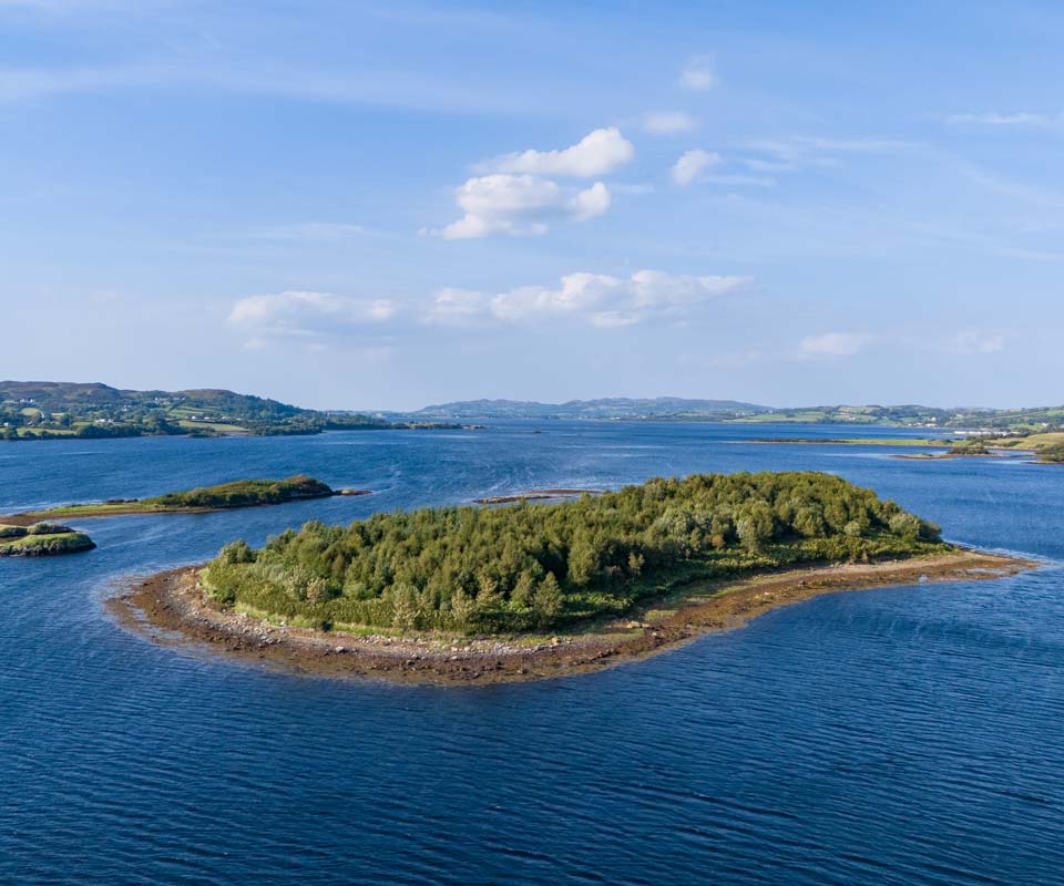 Aerial view of the islands and shoreline of Mulroy Bay in Donegal