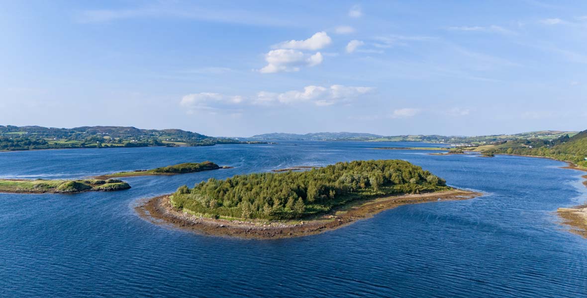 Aerial view of the islands and shoreline of Mulroy Bay in Donegal