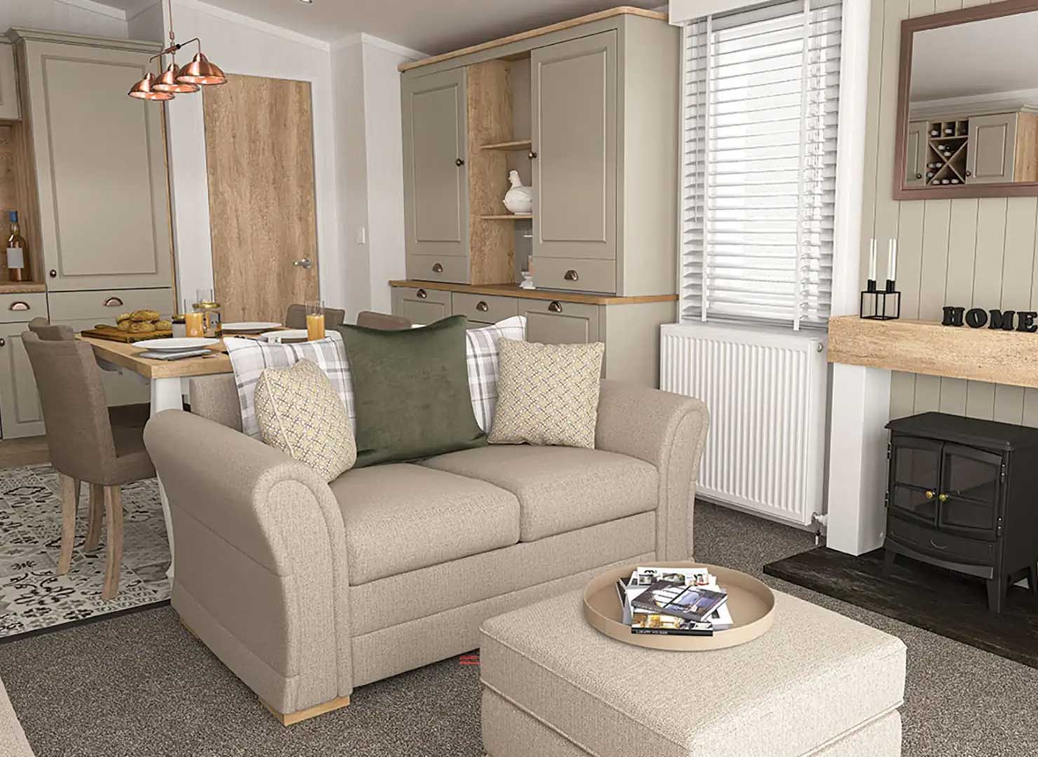 Swift Vendee Lodge lounge with seating and electric stove
