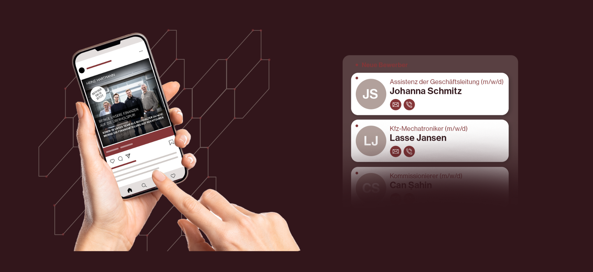 Smartphone mit Social Recruiting Anzeige und eingehenden Bewerbern, visualisiert als moderner Recruiting-Prozess auf mobilen Geräten
