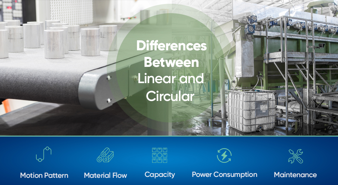 Side-by-side comparison of linear and circular motion feeders highlighting differences in motion pattern, material flow, capacity, power consumption, and maintenance