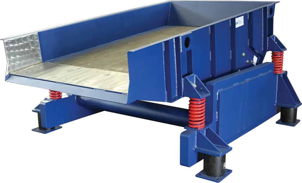 Pan Feeders with Angled Discharge Chute and Enclosed Vibrator Mount for Precision Material Flow Control