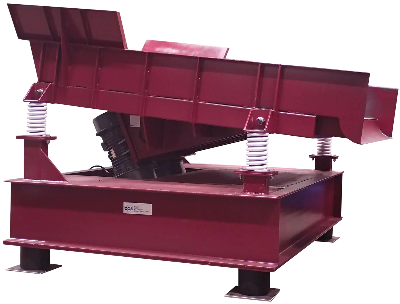 Pan Feeders with Industrial Coil Springs and Heavy-Duty Red Steel Frame for Vibratory Bulk Material Handling
