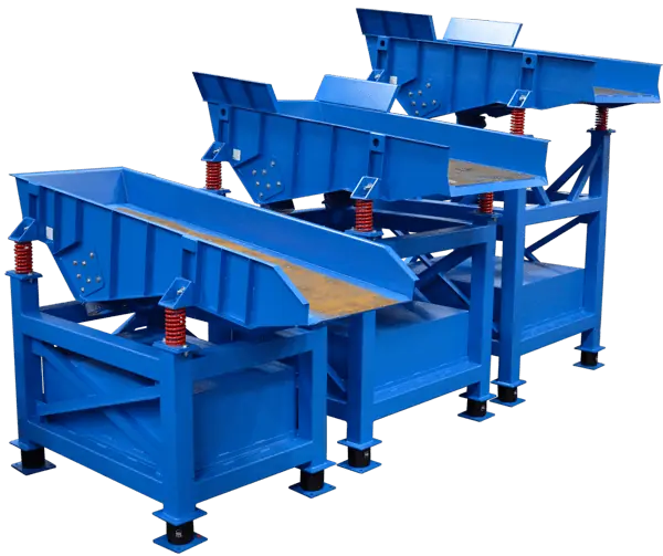 Rotary Electric Feeder lineup with triple vibratory units for synchronized bulk material feed distribution