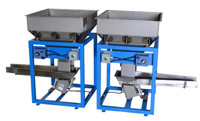 Electromagnetic Vibratory Feeders with dual stainless steel hoppers and synchronized control units for precise bulk material feeding