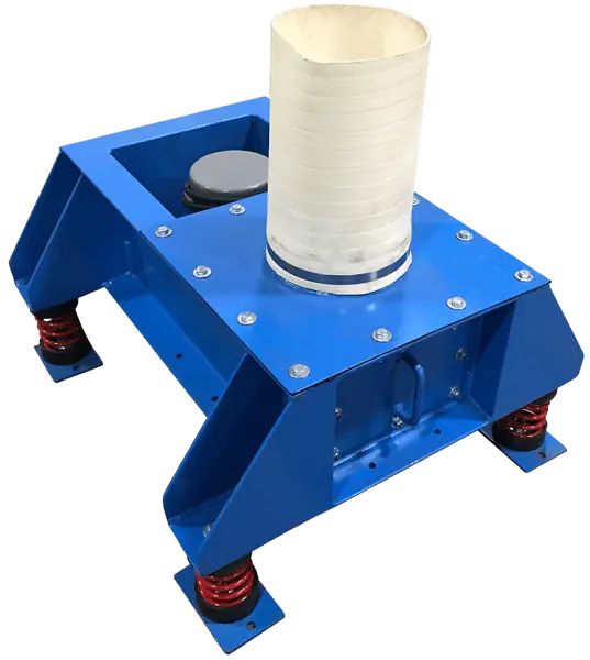 Vibratory screener with center-mounted inlet and spring-mounted base for precise bulk material control and discharge