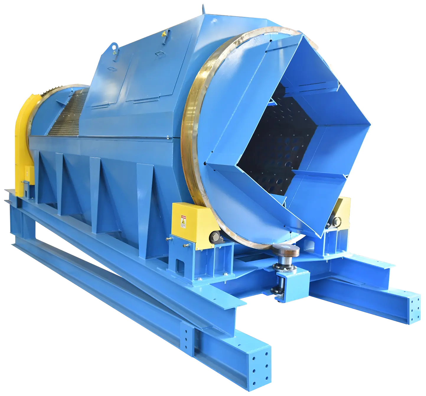 Trommel screen system with heavy-duty rotary drum and discharge chute for bulk material separation