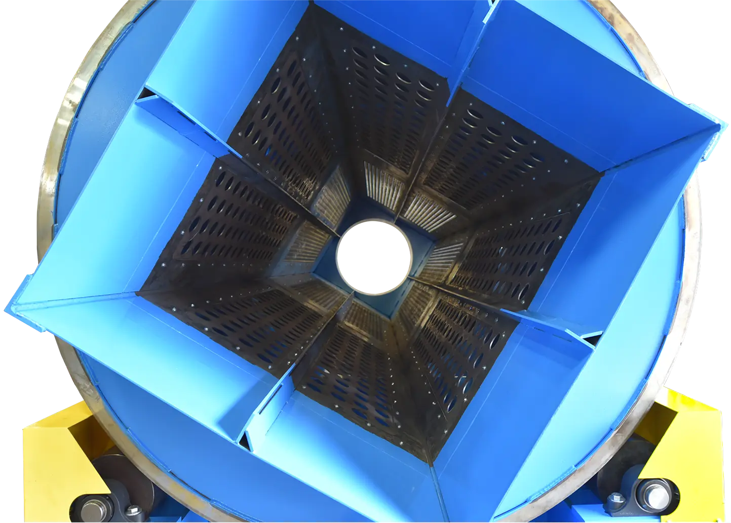 Trommel separator mounted on structural steel frame with safety enclosures and integrated control access