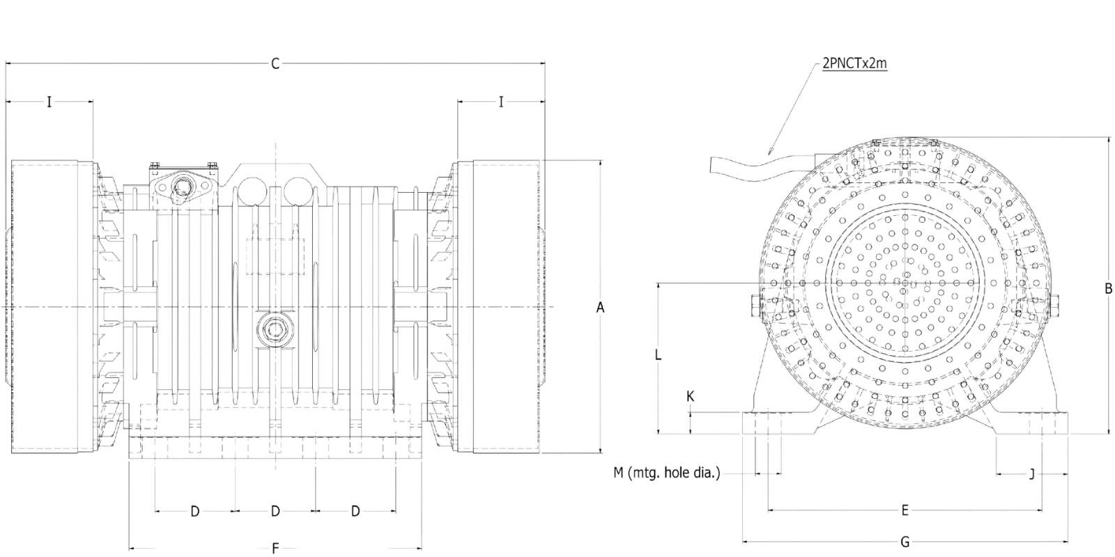 KEE-100-8 Industrial Vibrating Motor technical drawing showing detailed front and side views with dimensional specifications