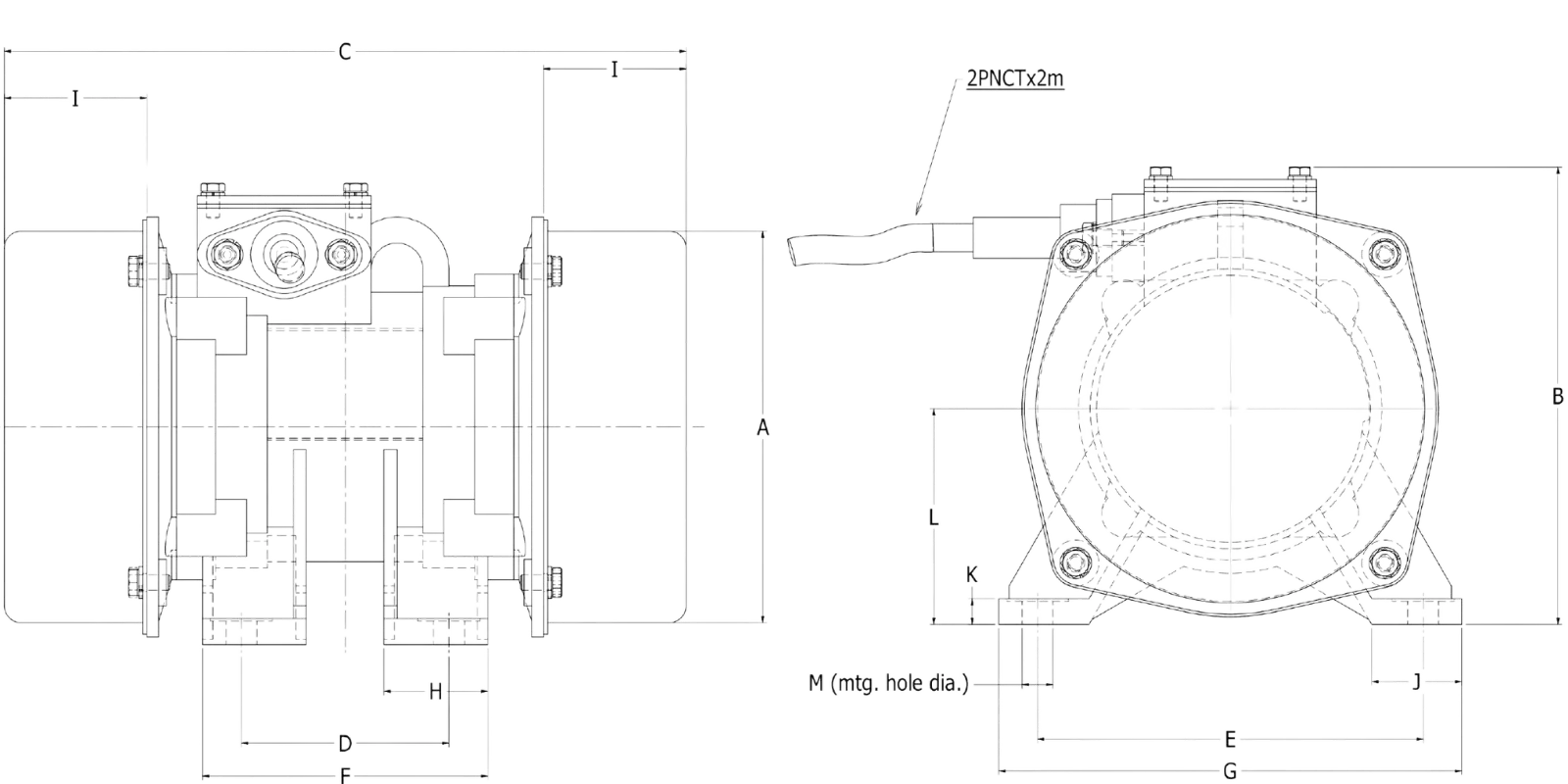 KEE-20-8 8-Pole Industrial Vibrating Motor engineering diagram showing full dimensional specifications