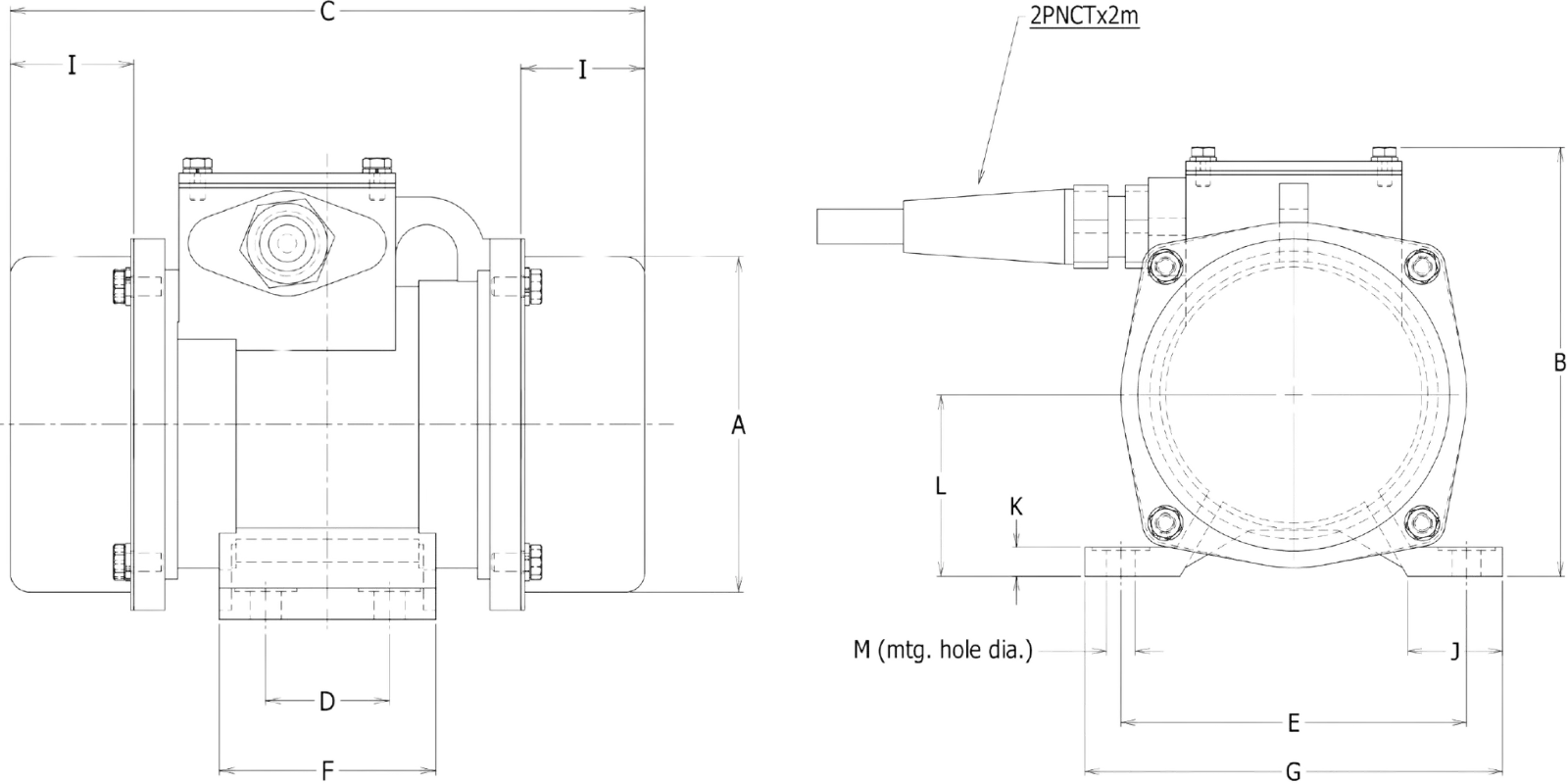 KEE-2-2 2 Pole Industrial Vibrating Motor technical specifications chart with horsepower, force, and dimensions