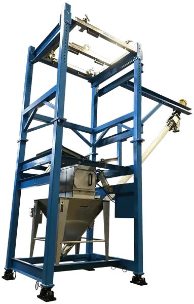 Model MTD-4 K Bulk Bag Unloader Discharger with overhead hoist lifting a bulk bag for safe and easy positioning