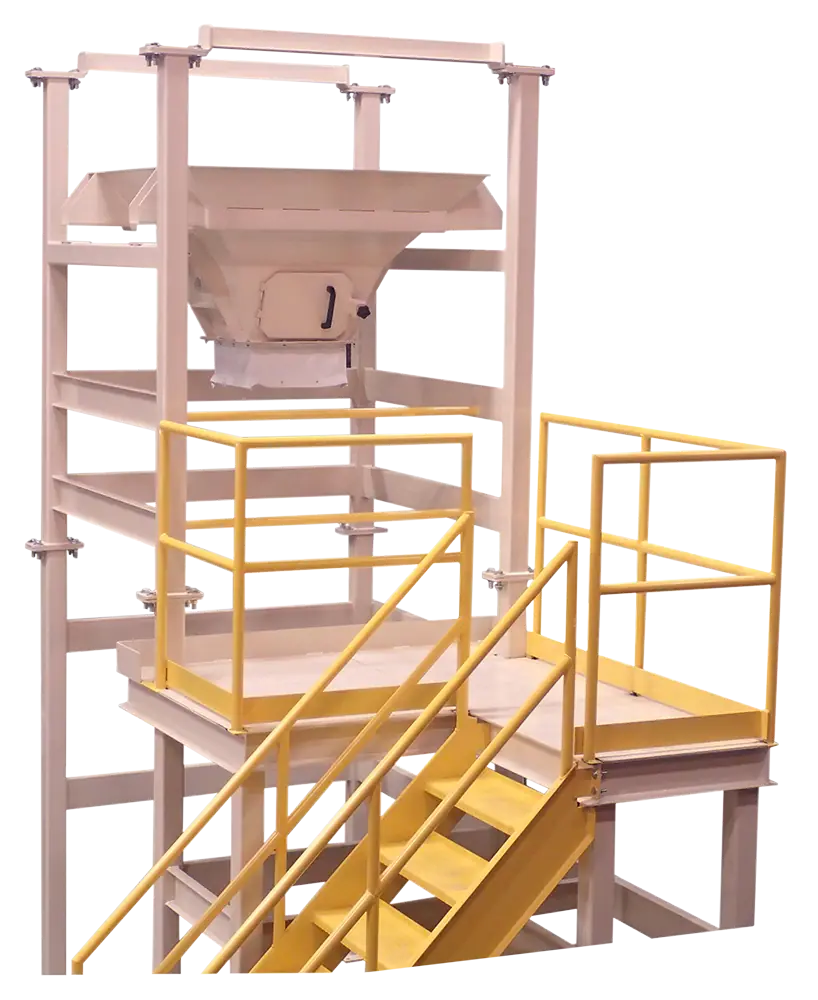 Bulk bag unloader discharger with integrated hopper and safety platform