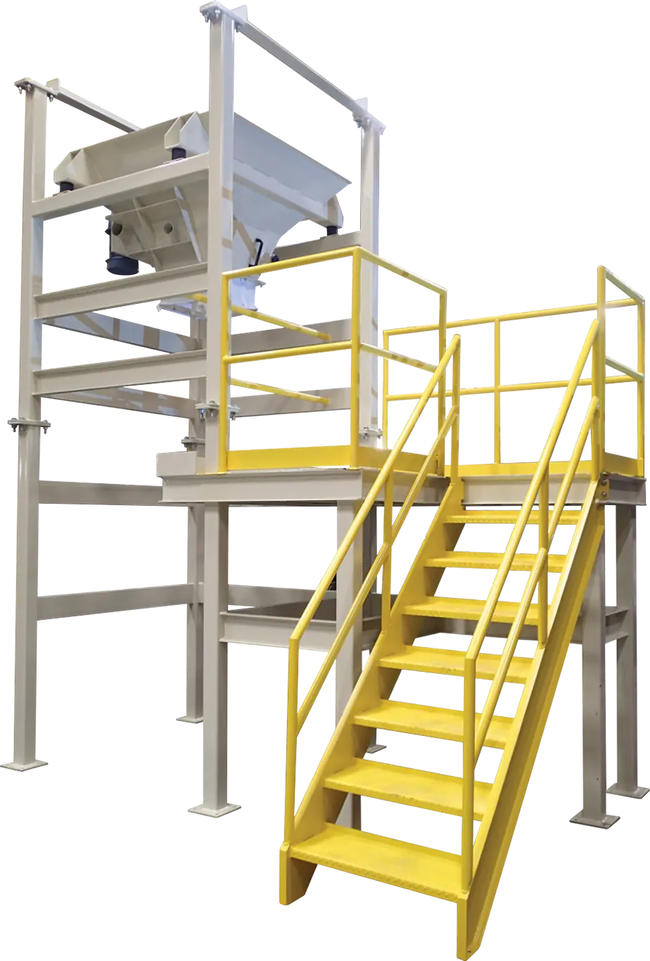 Bulk bag unloader discharger with elevated platform and access stairs