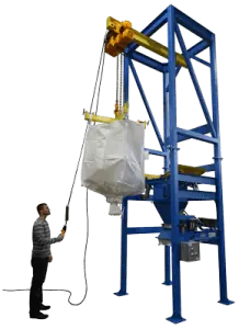 Bulk bag unloader discharger with overhead hoist for safe bag lifting