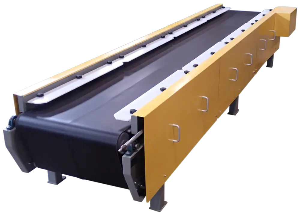 Front loaded vibratory belt conveyor with yellow side guards for efficient bulk material transport