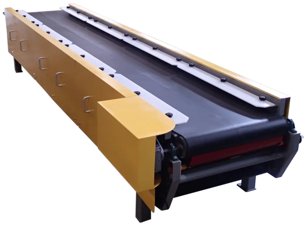 Front loaded vibratory belt conveyor featuring heavy-duty belt and protective yellow guards