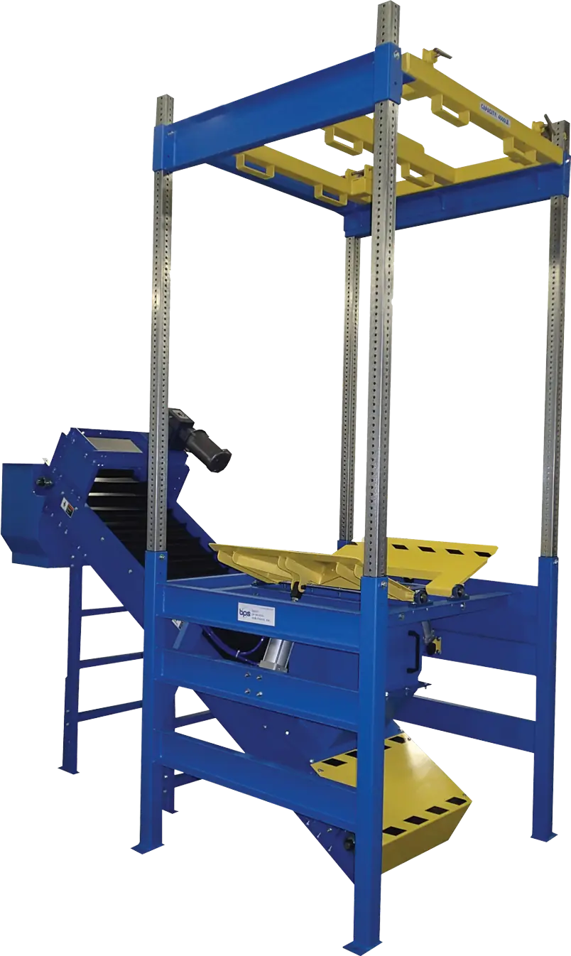 odel MTD-2.5K Bulk Bag Unloader Discharger with heavy-duty blue steel frame and yellow support beams