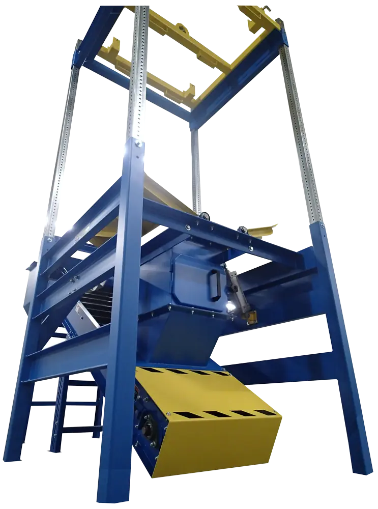Model MTD-2.5K Bulk Bag Unloader Discharger showing adjustable height design and reinforced steel construction