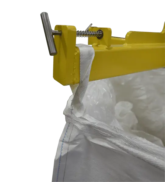 Model MTD-2.5K Bulk Bag Unloader Discharger close-up of heavy-duty bag loop locking mechanism