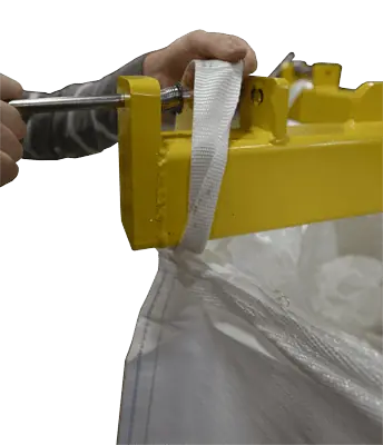 Model MTD-2.5K Bulk Bag Unloader Discharger side angle of bag loop clamping for secure bag handling