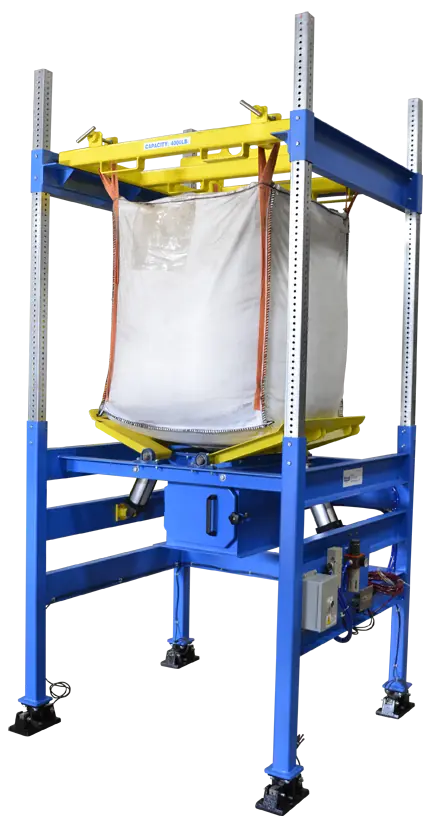 Model MTD-2.5K Bulk Bag Unloader Discharger fully loaded with suspended bulk bag ready for discharge