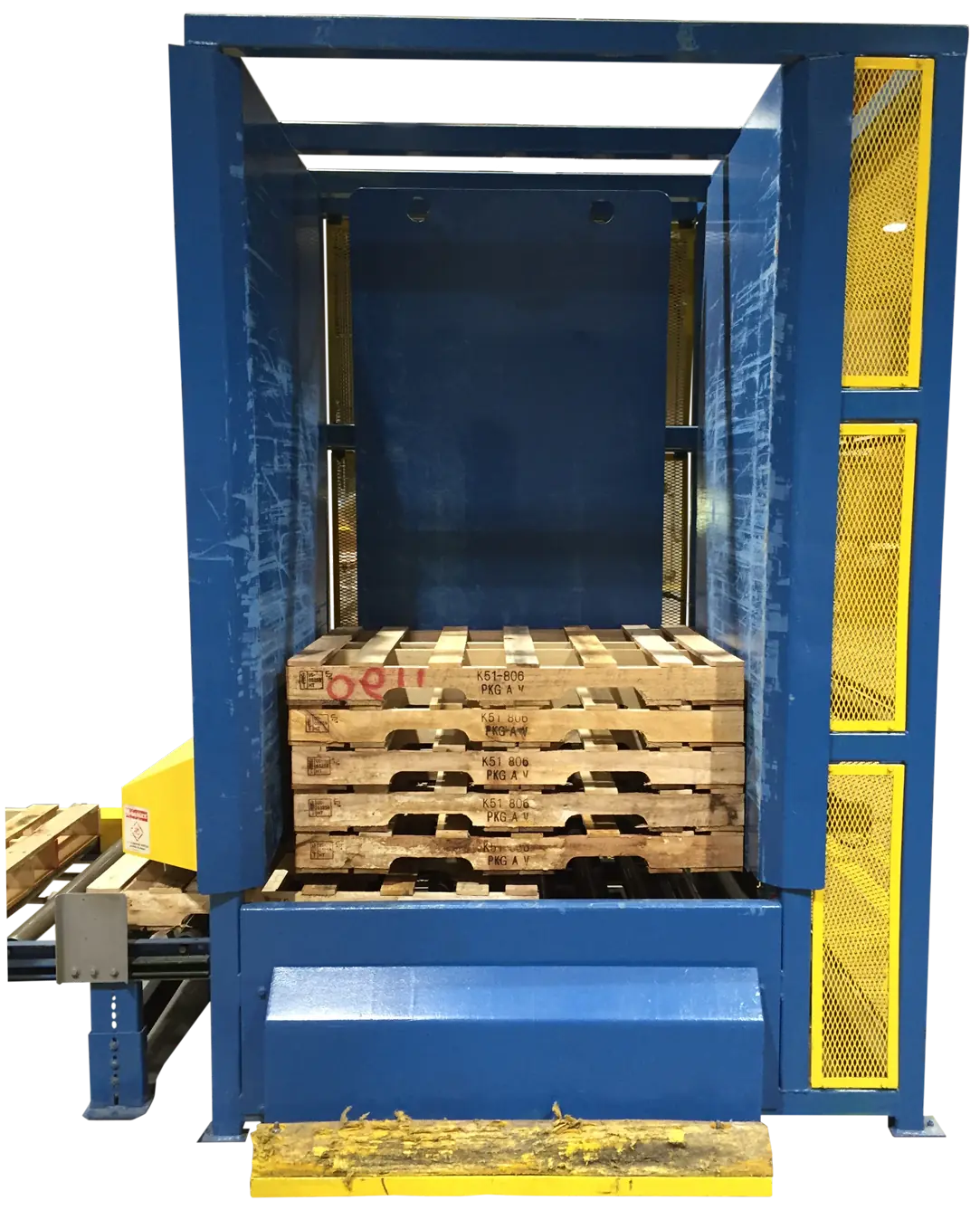 Pallet Destackers unloading stacked pallets from conveyor system for automated material handling