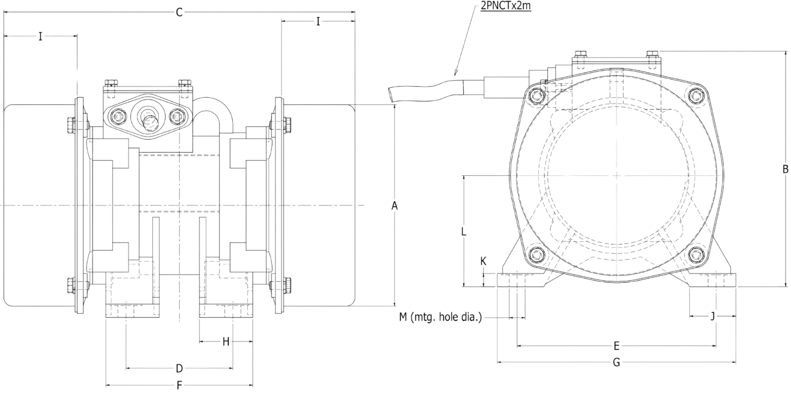 Single Phase Industrial Vibrating Motor SEE-2-2 technical dimension drawing for installation and mounting specifications