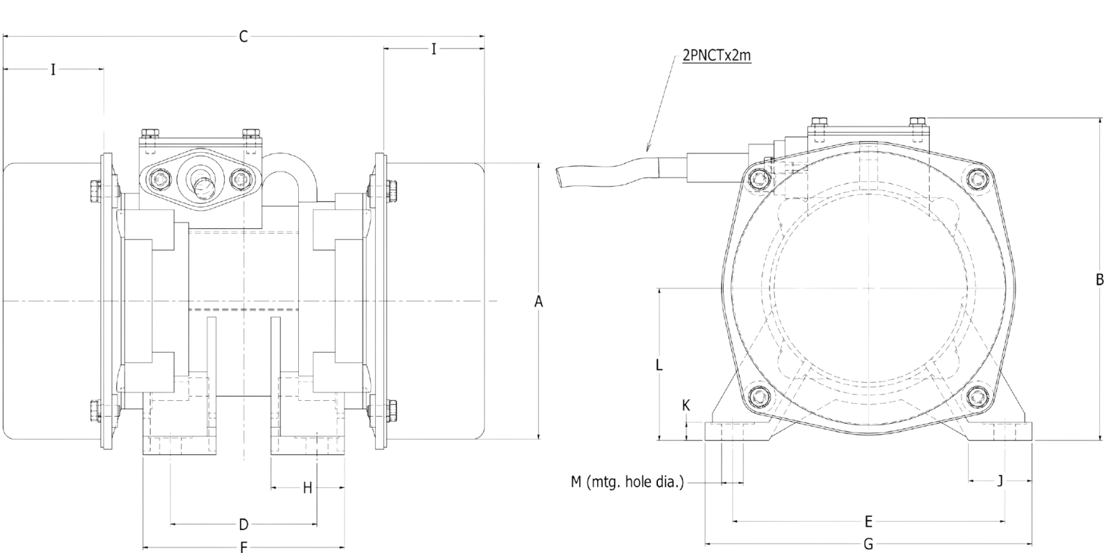 KEE-165-6 6-Pole Industrial Vibrating Motor engineering diagram showing detailed front and side views