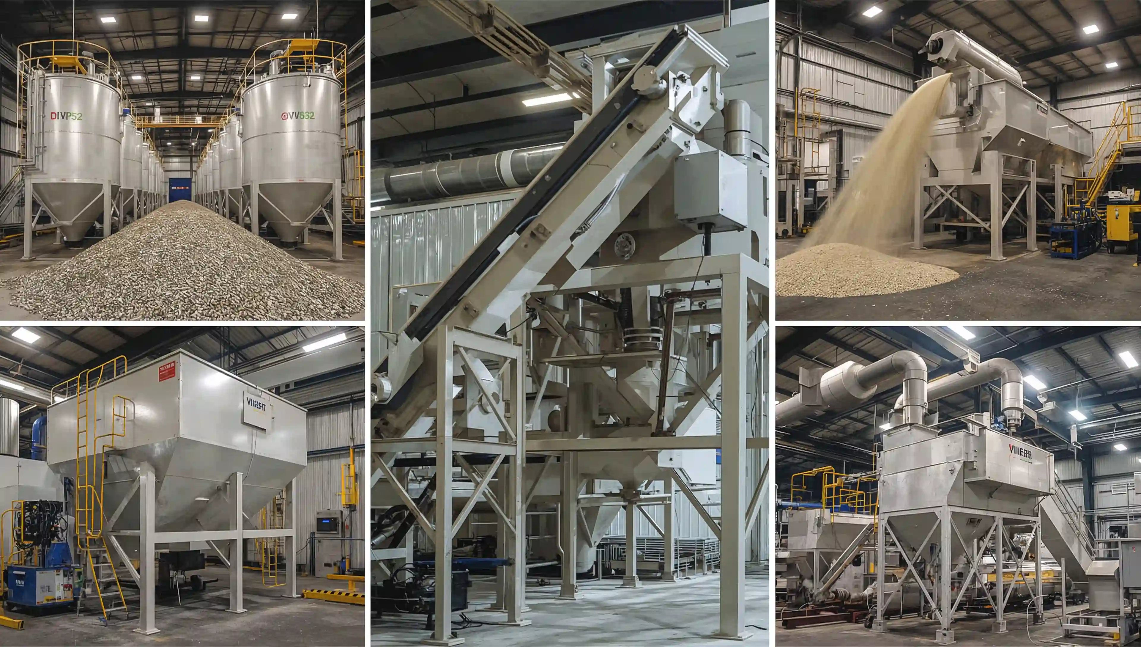 A collage-style industrial scene showing vibratory equipment used in different real-world applications: bulk processing (large bins feeding material), conveying (materials moving along a feeder), compaction (a vibratory table pressing material), and separation (a screener sorting materials). Professional, realistic style with emphasis on productivity and efficiency.