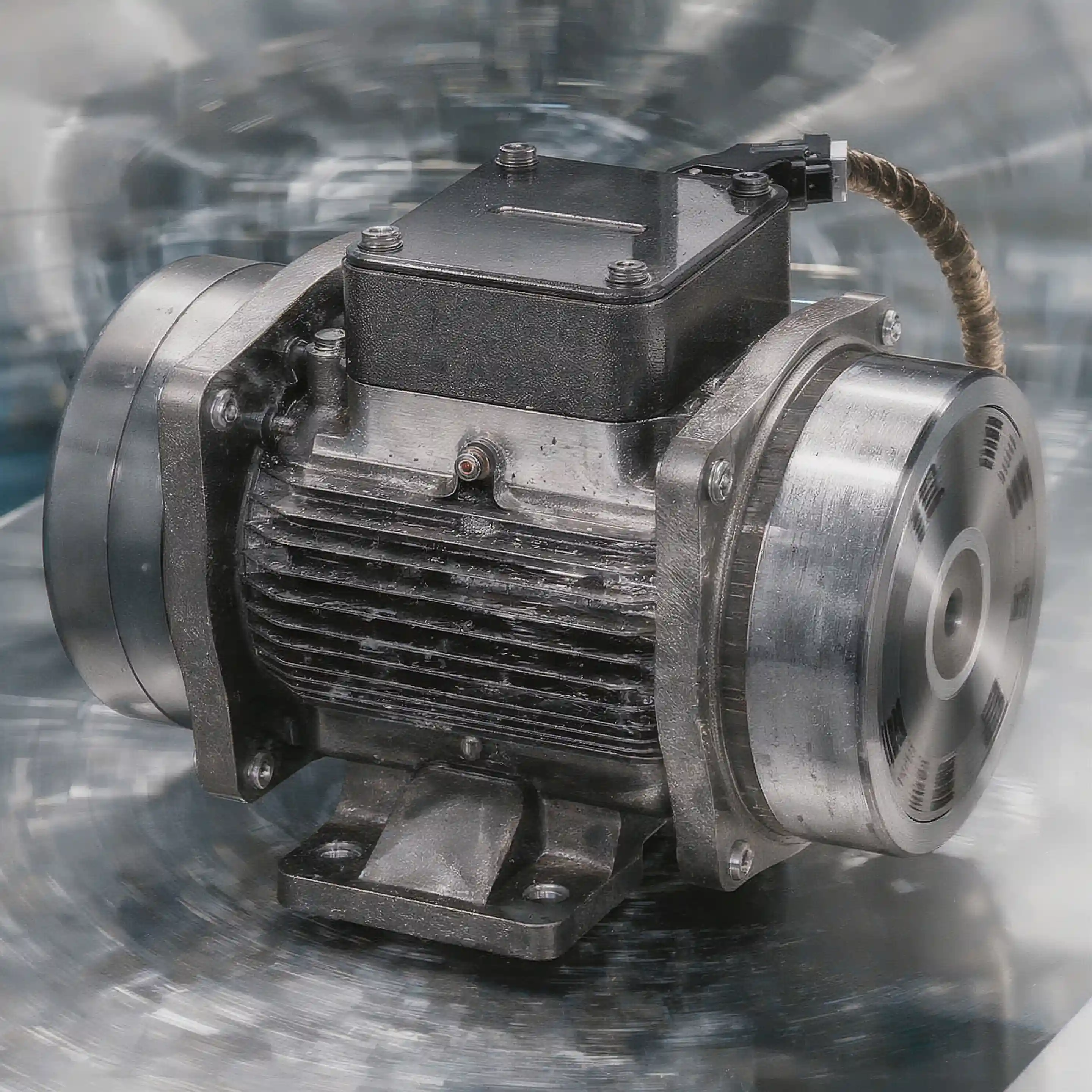 A  vibratory motor in motion, with blurred movement to suggest vibration. The setting is clean and technical, with metallic textures and a professional industrial environment.