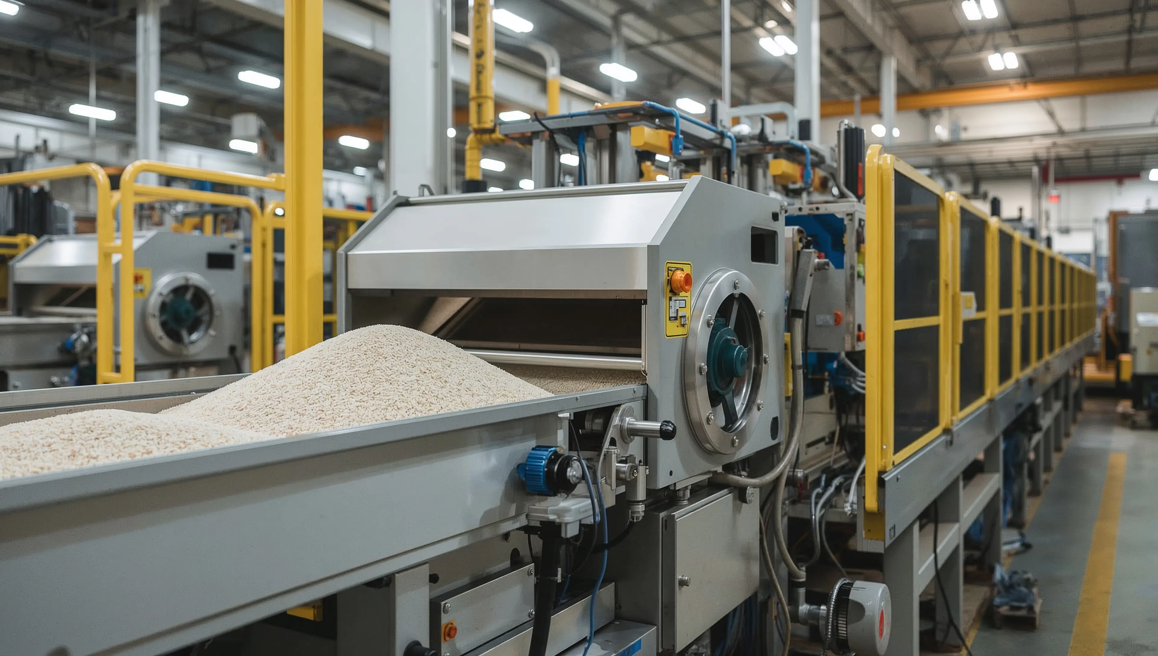 A modern industrial production line featuring a linear vibratory feeder moving bulk materials. The equipment looks robust, high-tech, and precise, emphasizing efficiency and innovation in industrial vibratory technology.