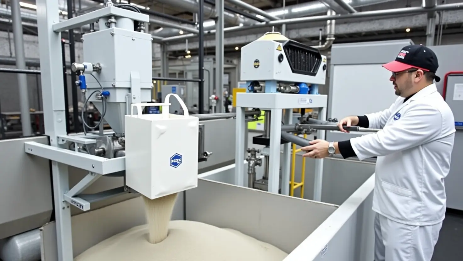 A modern bulk processing facility with vibratory equipment in operation. A vibratory feeder and bulk bag filler are moving material smoothly and efficiently. The environment is clean, professional, and industrial, emphasizing productivity and innovation.