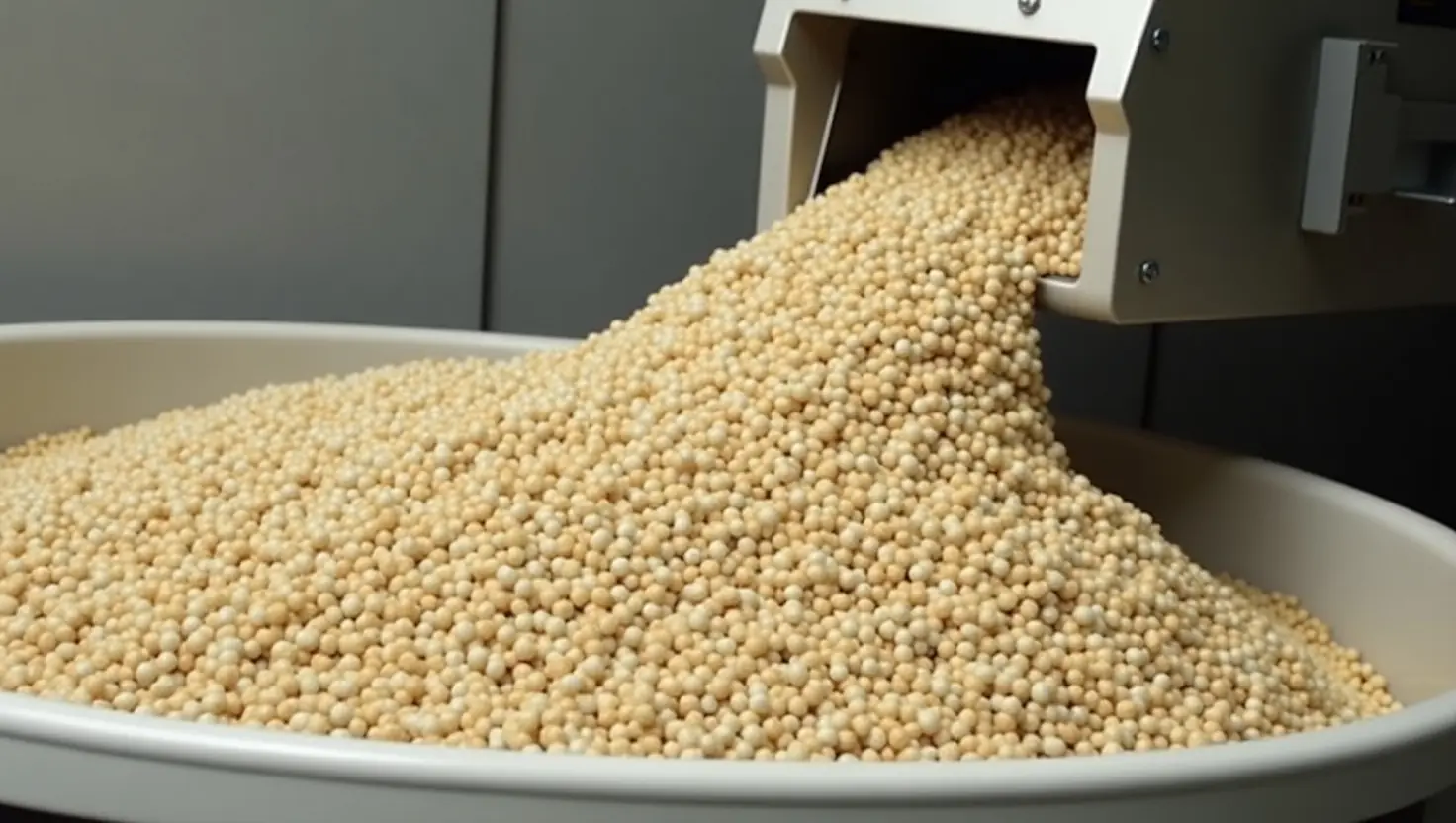 Bulk materials being evenly distributed by vibratory equipment into a bin or conveyor. The flow looks uniform and controlled, symbolizing prevention of clumping and segregation. Realistic industrial style with focus on smooth material movement.