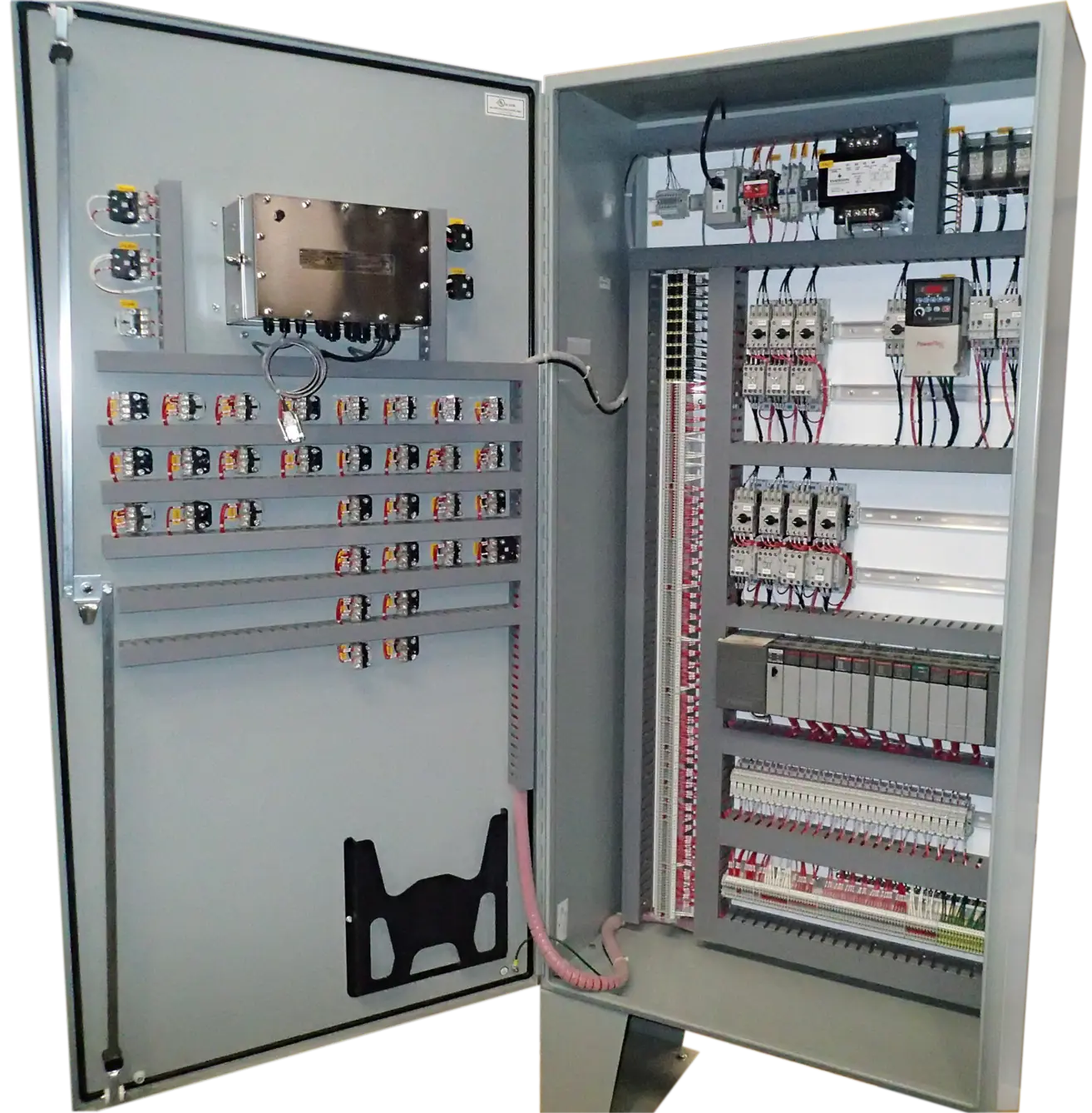 Industrial control panel interior with electrical components and wiring by Best Process Solutions (BPS) for automated material handling systems.